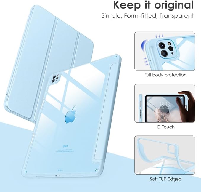 VIKESI for iPad Pro 11 Inch 4th/3rd/2nd/1st Generation Case, iPad Air 11-inch / 5th / 4th Generation Case with Clear Back,Pencil Holder,Auto Sleep/Wake,Camera Protection,Ice Blue
