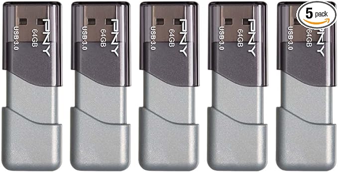 PNY 64GB Turbo Attaché 3 USB 3.0 Flash Drive, Silver (Pack of 5)