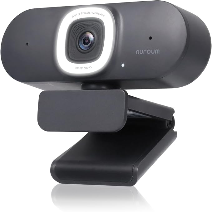 NUROUM V15-AFL Streaming Webcam with Ring Light, Autofocus Webcam for PC w/Dual Mic, 1080P 60fps, 75° FOV&Light Correction, USB Web Camera Plug&Play for Zoom/Teams/OBS/Xsplit, Streaming, Grey