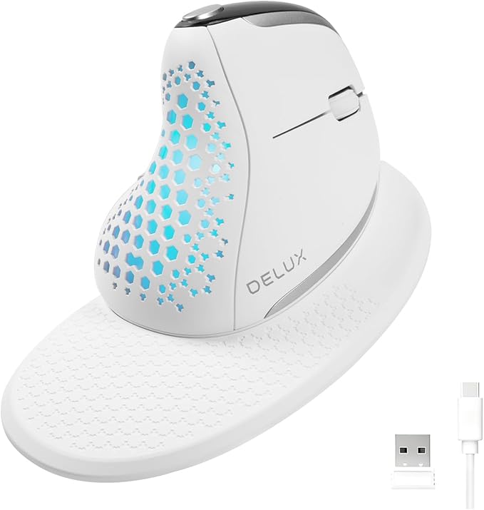 DELUX Seeker Ergonomic Mouse Wireless, Vertical Mouse with OLED Screen, 6 Buttons&Thumb Wheel Function, Silent Click, Up to 7200DPI, Programmable, Rechargeable, BT/2.4G/Wired, RGB Light(M618XSD-White)