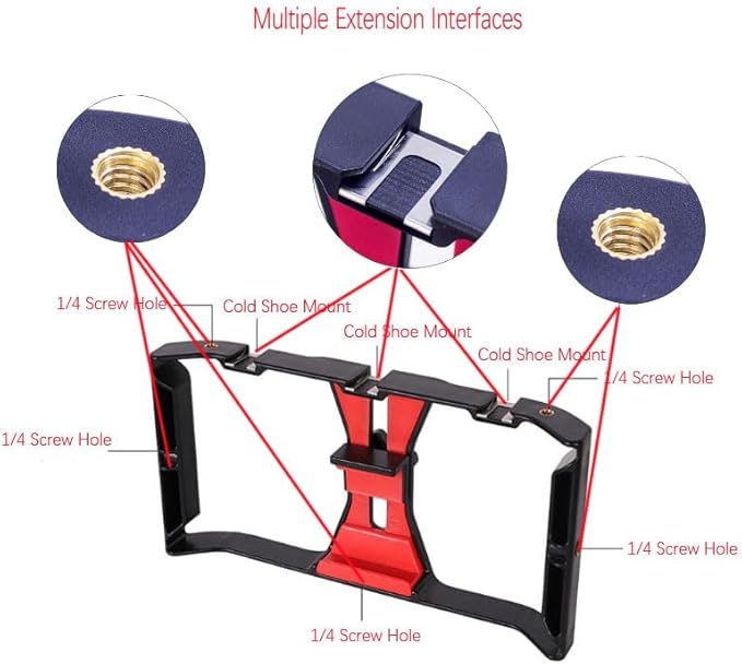 Smartphone Video Cage Rig, HuaerHui Handheld Phone Video Filmmaking Vlogging Stabilizer Grip Tripod Mount Fits Most Phones, with Cold Shoe Mounts, 1/4in Screw Holes to Connect LED Lights/Microphones