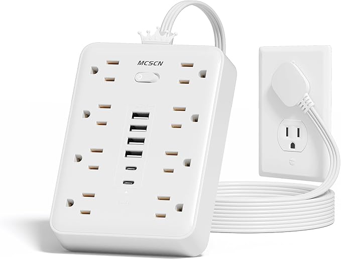 Extension Cord Flat Wall Plug with Surge Protector & 8 Outlets 6 USB Ports – 15A 1875W Power Strip for Home Office Dorm Room – 10ft Flat Cord in White – MCSCN