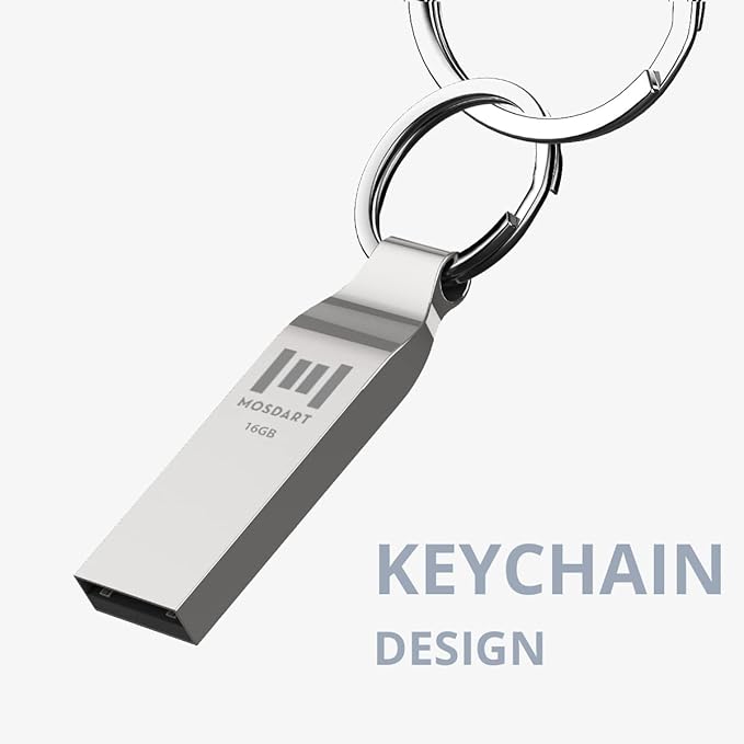 MOSDART Waterproof 16GB USB2.0 Flash Drive, FAT32 Metal Memory Stick with Keychain, for System Back, Data Storage, Silver