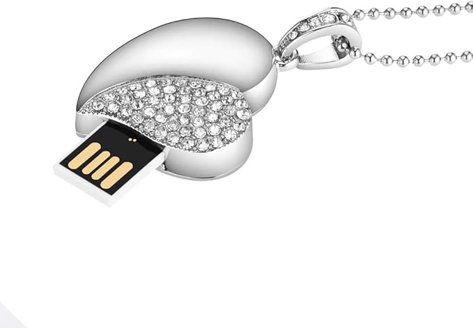 USB Flash Drive, Diamond Heart 8GB / 16GB / 32GB USB2.0 Waterproof USB Memory Stick Date Storage Pendrive Thumb Drives (16GB, Silver Heart)