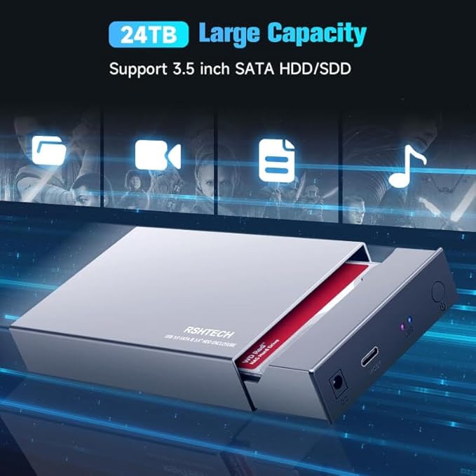 RSHTECH Hard Drive Enclosure Upgraded Version 3.5" Aluminum USB C to SATA External Hard Drive Dock Case for 3.5 inch HDD & SSD up to 24TB, with 2-in-1 USB Cable, Support UASP