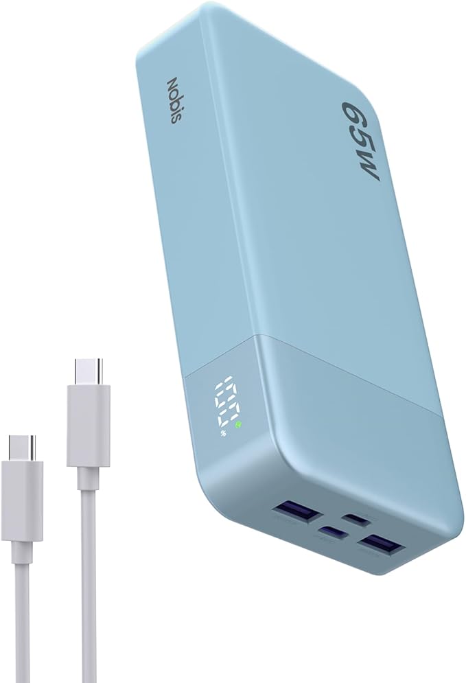 NOBIS Portable Charger, 65W 20000mAh Power Bank Fast Charging PD QC, 2 USB-C(in/Out) & 2 USB-A Battery Pack with Digital Display for Laptop Phone 17 Tablet Earbuds