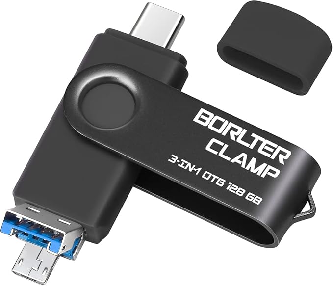 128GB 3 in 1 USB 3.0 Flash Drive Photo Stick for Android Phones, BorlterClamp OTG Memory Stick with 3 USB Ports (USB C, microUSB, USB A) for Samsung Galaxy, LG, Tablets, PC and More, Black