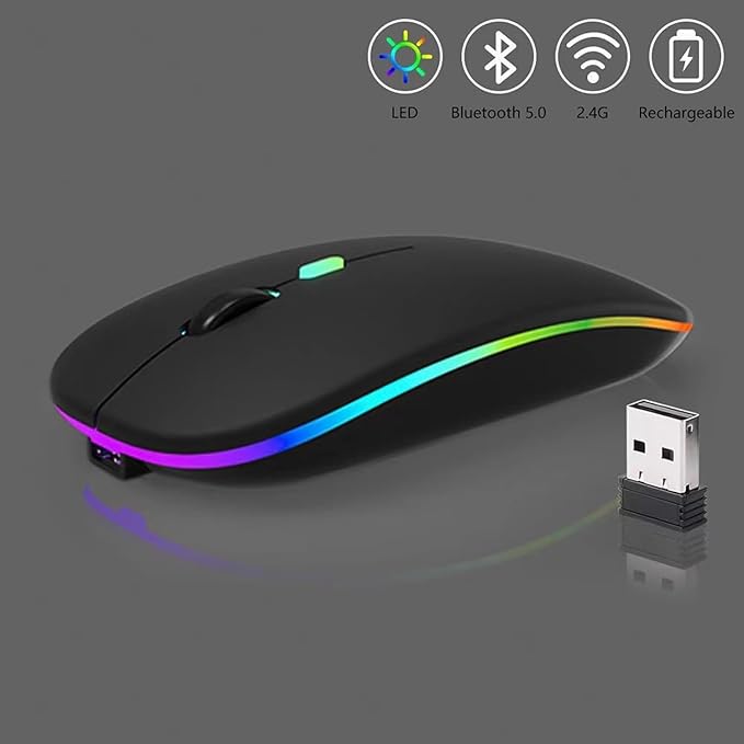 Guiheng Wireless Bluetooth Mouse,LED Dual Mode Rechargeable Silent Slim Laptop Mouse,Portable(BT5.2+USB Receiver) Dual Mode Computer Mice,for Laptop,Desktop Computer,ipad Tablet,Phone,TV (Black)