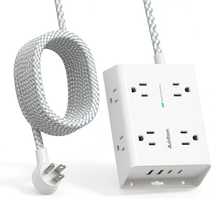 Addtam Surge Protector Power Strip, 8 Widely Outlets with 4 USB Ports (2 USB C), 15ft Extension Cord with Multiple Outlets, 3 Side Outlet Extender, Flat Plug, Wall Mount, ETL, White