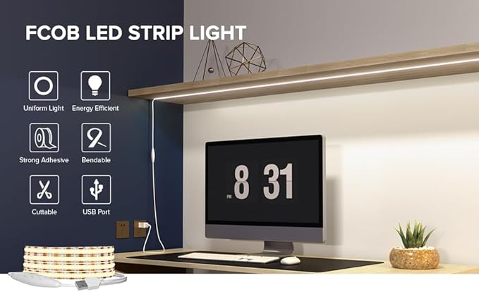 USB LED Light Strip 6.56FT, 5 Volt USB Powered Dimmable COB LED Tape Lights, 4000K Natural White 8mm High Density Flexible Strips CRI90+ for TV Backlight Under Cabinet Lighting Bedroom Kitchen