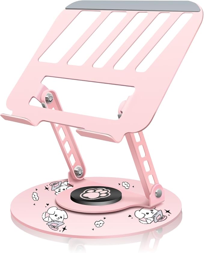 Upgraded Pink Swivel Laptop Stand - 360° Rotating Base & Foldable|Cute Dog Patterns for Healing Vibe|Fits MacBook & 13-15" Laptops|Ideal for Desk Work,Office,Travel,Home,Painting