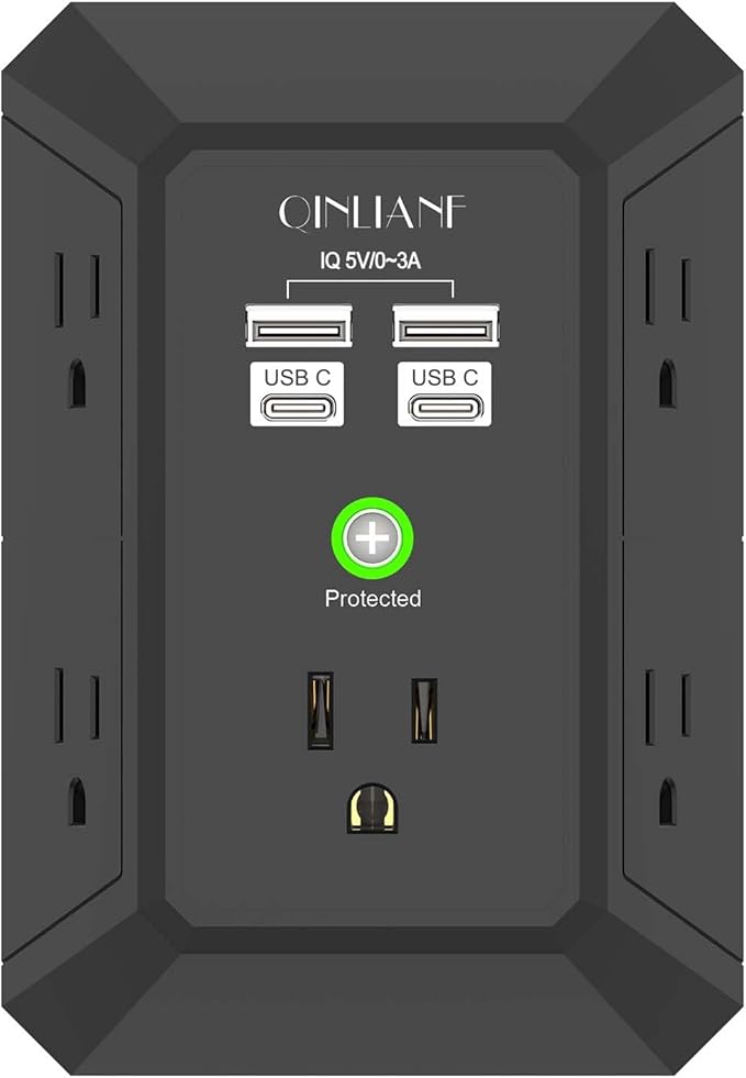 USB Wall Charger, Surge Protector, QINLIANF 5 Outlet Extender with 4 USB Charging Ports(2U2C) 3-Sided 1680J Power Strip Multi Plug Outlets Wall Adapter Spaced for Home Travel Office,Black