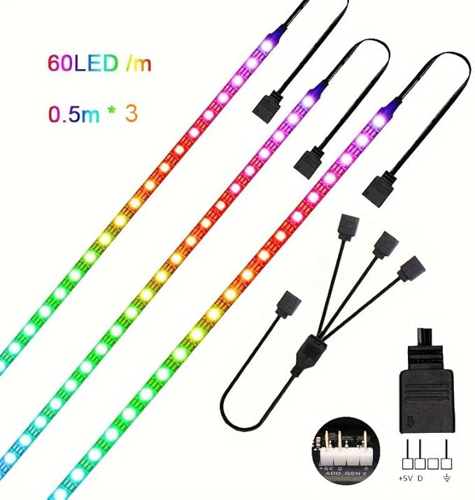 RGB Strip Light for PC Case, 3x19.7in 90LEDs Addressable LED Strip for Motherboard 5V 3-Pin Header Gaming Case DIY Lighting