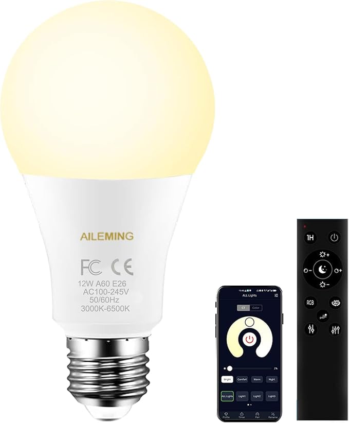 LED Bulb with a 2.4GHz Remote Control, A19 12W Color Changing Smart Light Bulb for Lamp, Bedroom, Mood Soothing,12W 1000lm,100W Equivalent,Dimmable 1% to 100% 2700-6500K,1 Bulb & Remote