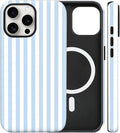 Magnetic for iPhone 16 Pro Max Case Cute Stripes Phone Case, Shockproof Slim TPU and Hard PC Protective Phone Cover Compatible with MagSafe Designed for Women Girls, Blue and White