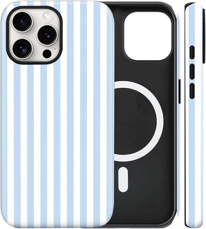 Magnetic for iPhone 16 Pro Max Case Cute Stripes Phone Case, Shockproof Slim TPU and Hard PC Protective Phone Cover Compatible with MagSafe Designed for Women Girls, Blue and White