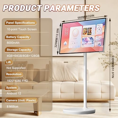 24" Portable Smart TV on Wheels | 1080p/4K UHD Touch Screen | 8GB RAM + 128GB Storage | 5-8 Hours Battery Life | Remote Control | Built-in 8MP/13MP Camera | 360° Rotating Display