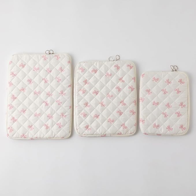 Cutecore Bow Puffy Quilted Laptop Sleeve Y2K Preppy Tablet Protective Case Girly Coquette Aesthetic Notebook Pouch (Pink,11 inch)