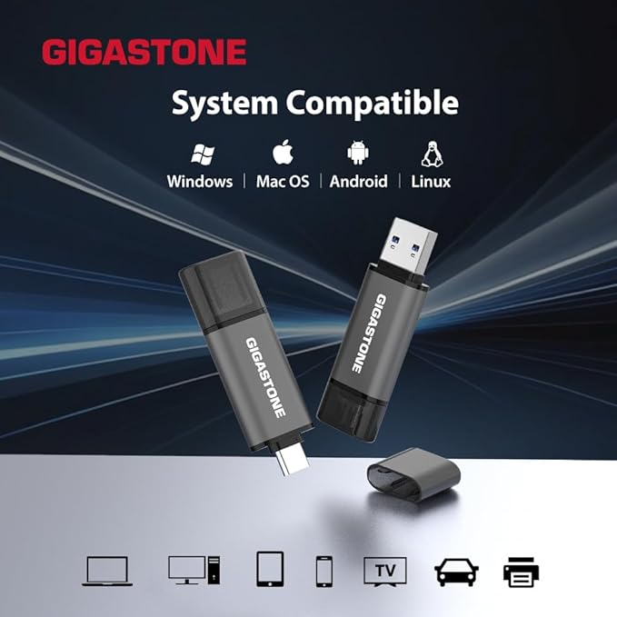 GIGASTONE 64GB Dual Flash Drive, Z40 USB 3.2 Gen 1, 2-in-1 Type-A & Type-C, 100MB/s Ultra Fast, Head Cap Design, Plug & Play for Smartphone/PC/Mac/TV/Car Audio, USB 2.0/3.0/3.1 Compatible