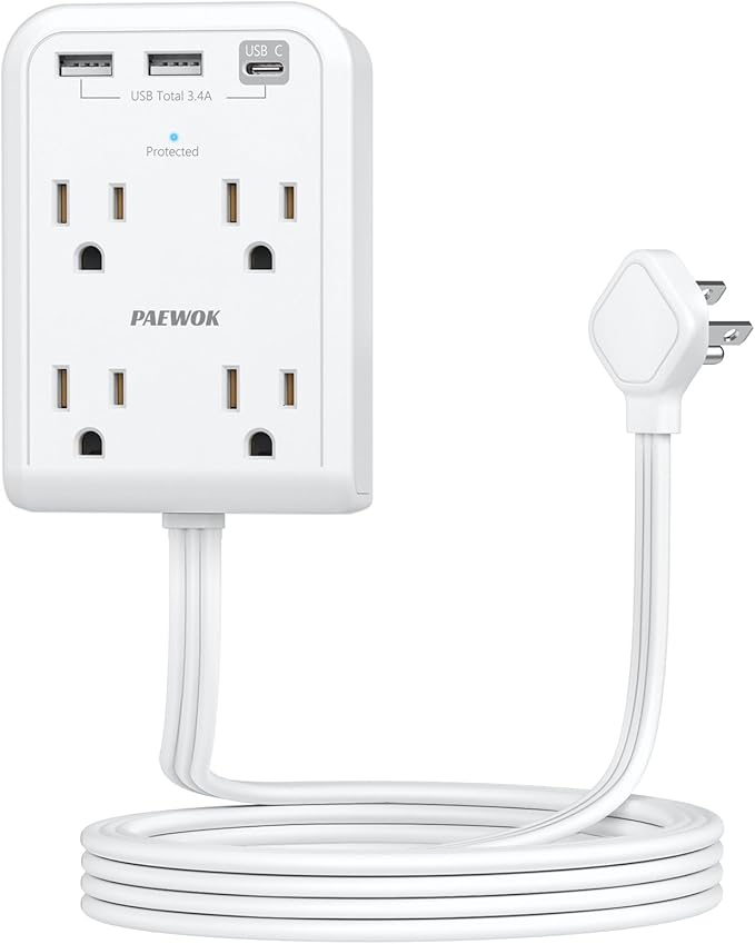 Surge Protector Power Strip, Outlet Extender Stick with USB C Ports, 4 Outlet 3 USB, Extension Cord Flat Wall Plug 6 FT, Home Office Dorm Room Essentials, White