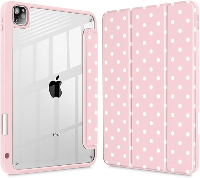 Tuiklol for iPad Pro 11 Inch 4th / 3rd / 2nd / 1st Gen (2022 2021 2020 2018) Case -Built-in Pencil Holder Shockproof Cover Clear Transparent Back Shell with Auto Wake/Sleep, Spot-Pink