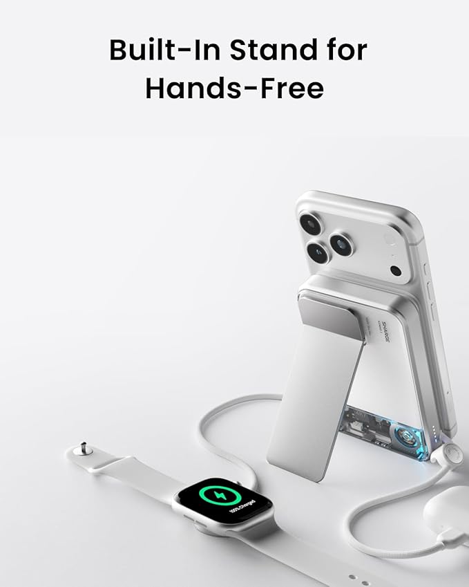 sharge ICEMAG 3 MagSafe Portable Charger, Qi2.2 25W Magnetic Power Bank 10000mAh with 35W Built-in Cable, Active Cooling& Foldable Stand, Transparent Design for iPhone 17/16 Series-White