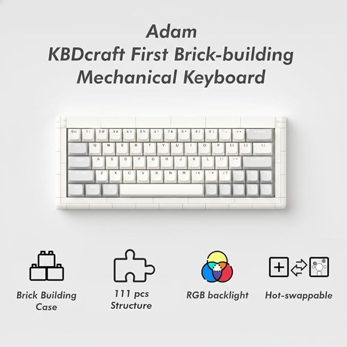 KBDcraft 01Adam 60% Mechanical Keyboard, 64-Key ANSI, Lego-Compatible Case, Gasket Mount, Hot-swappable, Wired, Linear Switch, RGB, QMK, Vial for Win/Mac, Full Kit (White)