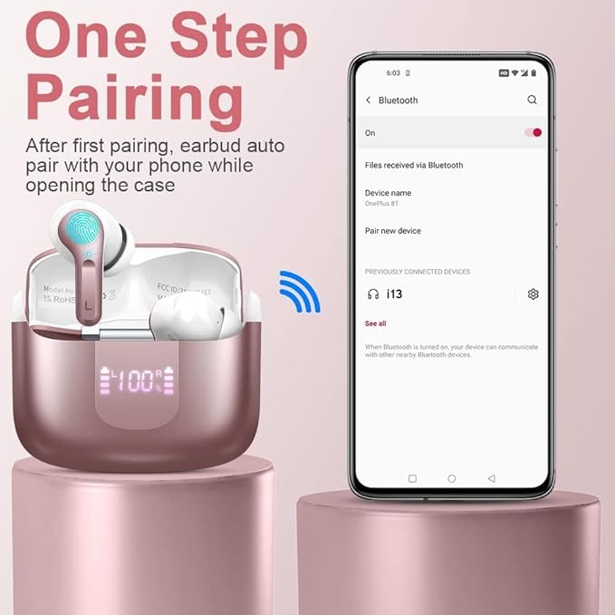 Wireless Earbuds, Bluetooth 5.3 Headphones 2025 NEW Ear Buds 40H Bass Stereo in-Ear Earphones ENC Noise Cancelling Earbuds with 4 HD Mic, USB-C LED Display IP7 Waterproof Sport Headset for Android iOS