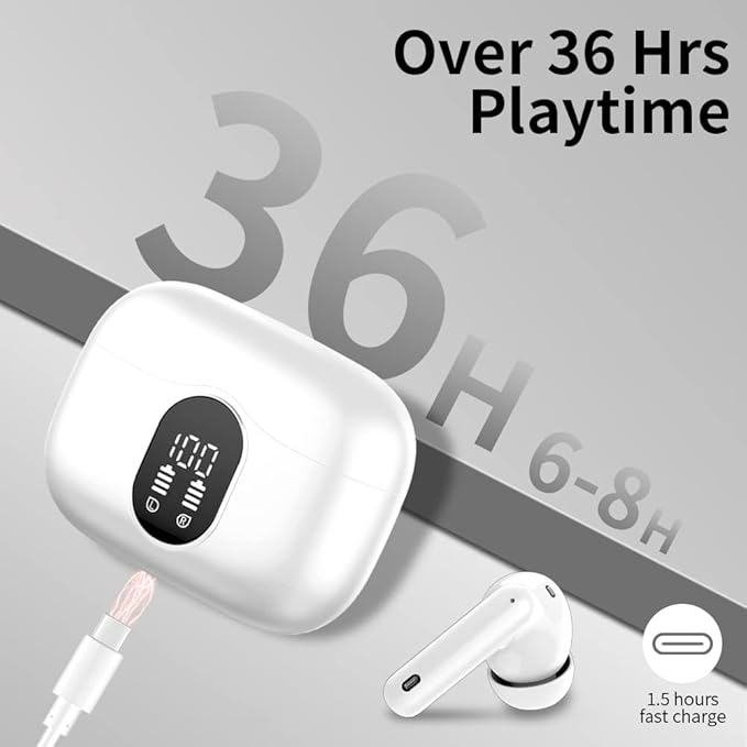 Btootos Wireless Earbuds Bluetooth 5.4 Headphones Bass Stereo Ear Buds with Noise Cancelling Mic LED Display in Ear Earphones IP7 Waterproof 36H Playtime for Laptop Pad Phones Sports Workout White