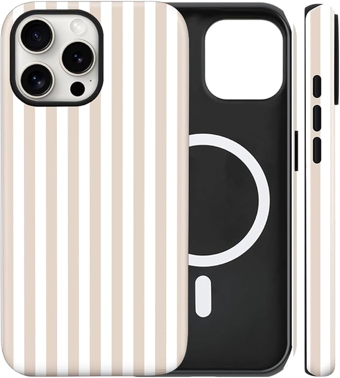 Magnetic for iPhone 15 Pro Max Case Cute Stripes Phone Case, Shockproof Slim TPU and Hard PC Protective Phone Cover Compatible with MagSafe Designed for Women Girls, Apricot