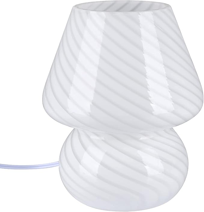 BSOD Mushroom Lamp,Glass Table Bedside Lamps Translucent Murano Vintage Style Striped Small Night Mushroom Decor Light Swirl for Ambient,Kids,Bedroom,Living,Girl Gift (Stripe White)