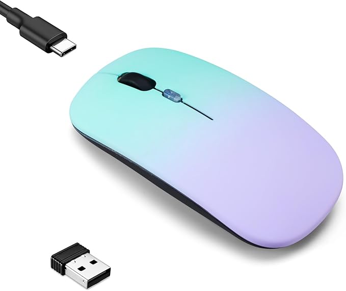Wireless Bluetooth Mouse,LED Dual Mode Rechargeable Silent Slim Laptop Mouse,Portable(BT5.2+USB Receiver) Dual Mode Computer Mice,for Laptop,Desktop Computer,ipad Tablet,Phone,Mac(Green purple)