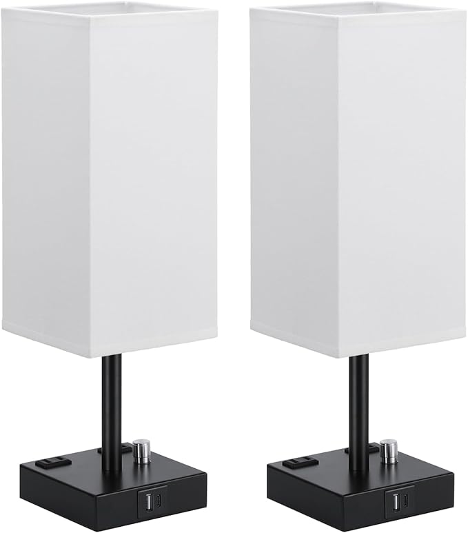 aooshine White Fully Dimmable Nightstand Lamps Set of 2 - Table Bedside Lamp with USB C+A Charging Ports & 2 AC Outlets, Square Lamp Sets Linen Fabric Shade for Bedroom Living Room(Bulb Included)