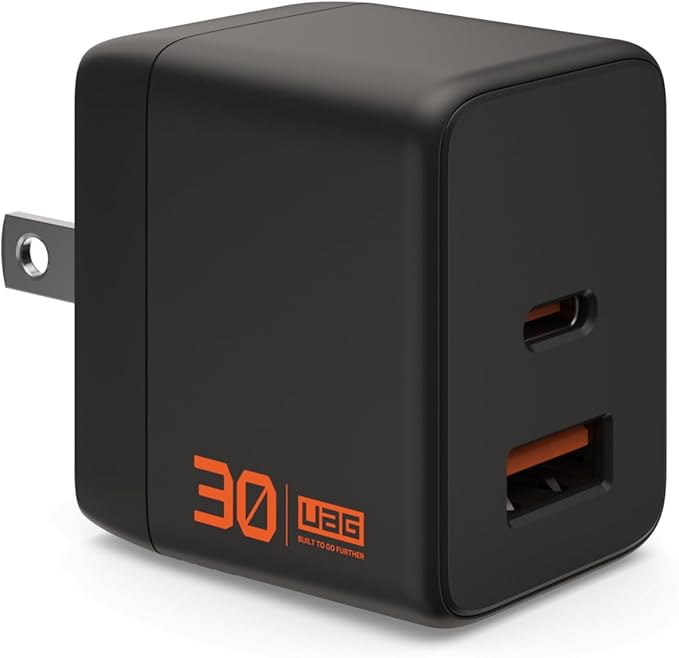 URBAN ARMOR GEAR UAG SRG 30W GaN 2-Port Wall Charger - USB USB-C Dual Port Foldable Compact Travel PD Quick Charging Power Adapter for Smartphone & Tablet, Black