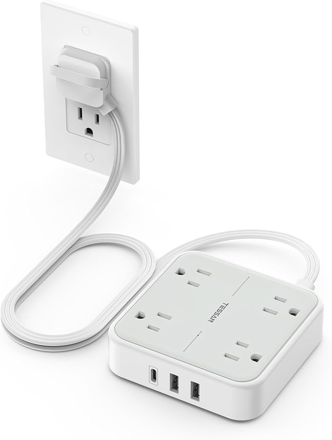 TESSAN Surge Protector Flat Extension Cord 3Ft, Ring Plug Power Strip with 4 Outlets 3 USB Ports (1 USB C), 900 Joules Protection, Multiple Wall Outlet Extender Suitable for Home Office Dorm, Grey