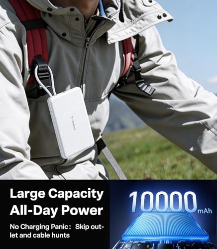 TORRAS Power Bank with Built-in USB-C Cable (No-Wireless), Ultra-Slim 10,000mAh Portable Charger USB C, 22.5W Fast Charging Battery Pack for iPhone 17/16/15 Series, Phone air, Galaxy, Pixel, White