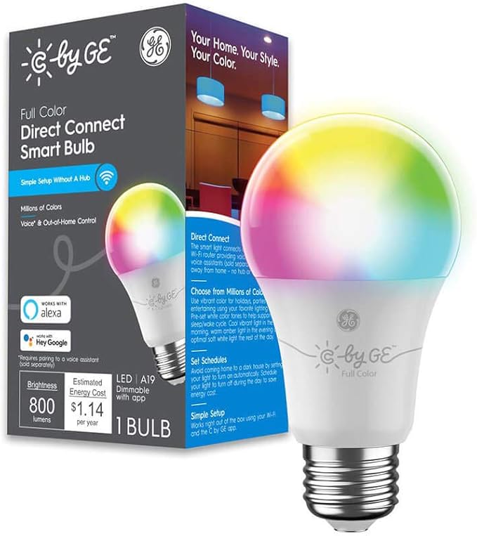 GE Lighting CYNC Smart Full Color A19 LED Light Bulb, 60W Replacement, Bluetooth/Wi-Fi Enabled, Alexa + Google Home Compatible Without Hub, 1-Pack (Packaging May Vary)