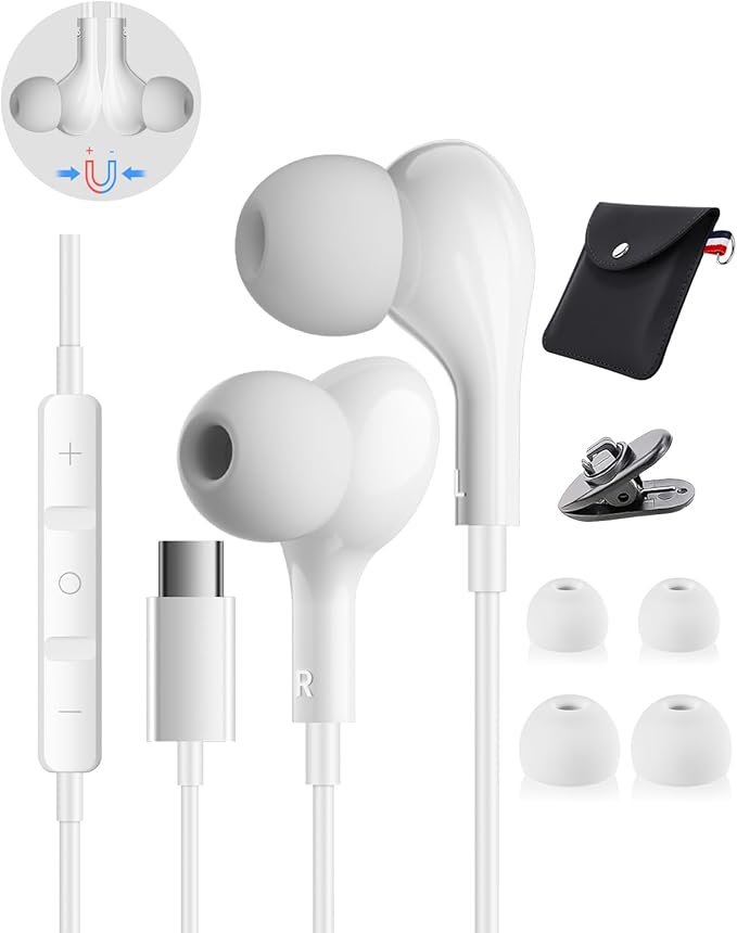 USB C Headphones Wired for iPhone 15 Plus 16 Pro Max 17 AIT Samsung Galaxy S26 S25 S24 S23 Ultra S22 A55 A56 A16 Earbuds in-Ear with Microphone Volume Control HiFi Usbc Headphones Type C iPad Pixel