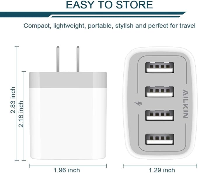 USB Charger Cube, Wall Charger Plug, AILKIN 4.8A 4-Muti Port USB Adapter Power Plug Charging Station Box Base Replacement for iPhone 15 14 13 12 16 Pro Max/X/17, iPad Samsung Phones Charging Block