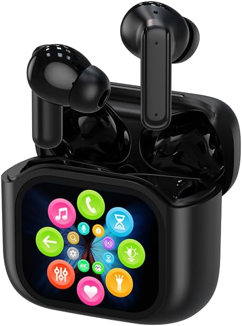 Wireless Touchscreen Earbuds with Smart Touch Screen Case - True Wireless Bluetooth ANC Active Noise Cancelling Earbuds - Blue Tooth Earphones for iPhone Android In Ear Headphones