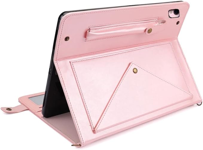 Case for iPad 2018 2017 (5th/6th Gen), 9.7-inch iPad Air/Air 2 Cover, Techcircle Smart Folio Stand PU Leather Crossbody Wallet Case with Hand Strap, Card/Pencil Holder, Rose Gold