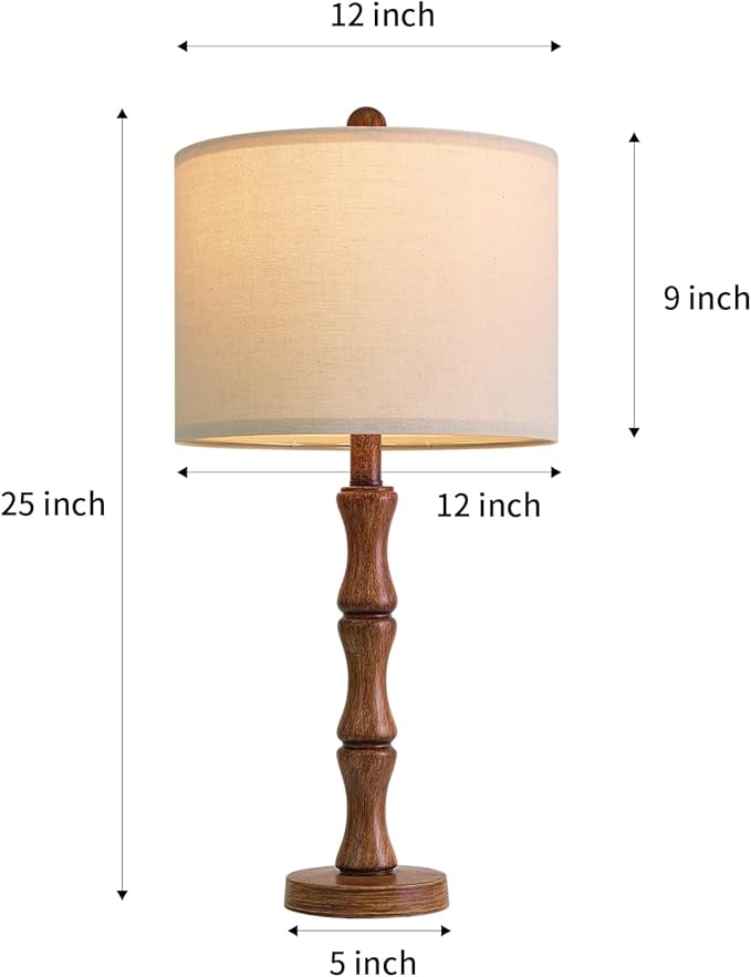 BOBOMOMO 25" Rustic Table Lamps Set of 2, Farmhouse Nightstand Lamps with Wood Grain Resin Base & Linen Shade, Standard Table Lamps for Bedroom, Living Room, End Table & House Décor