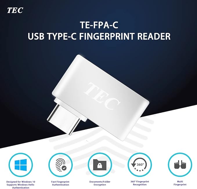 TEC Type-C Fingerprint Reader for Windows 10 Hello, TEC TE-FPA-C Bio-Metric Fingerprint Scanner PC Dongle for Password-Free and File Encryption, 360° Touch Speedy Matching Security Key