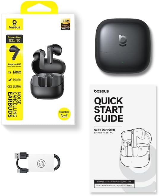 Baseus BS1 NC Semi-in-Ear Noise Cancelling Earbuds with Adaptive Hybrid ANC, No Ear Pressure, Hi-Res Audio (LDAC), 40H Playtime, 4g Ultra-Lightweight Fit, 6-Mic AI Clear Call