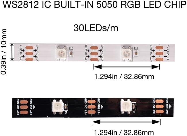 WS2812B RGB LED Strip, Individually Addressable LED Strip, Chasing Effects Dream Color 5050SMD 5M 150 LED Pixel Strip Rope Light DC 5V (White PCB 16.4FT 30Pixels/m Waterproof IP67)