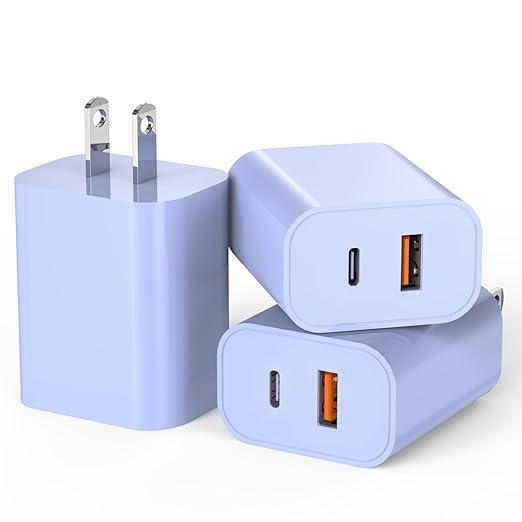 iPhone 16/15 Charger, USB C [3 Pack] Dual Port QC + PD Wall Charger Block With USB A Quick Charging Brick Plug for Apple iPhone 16/16 Pro Max/16 Plus/15/14/13/12/11/X/iPad - Purple