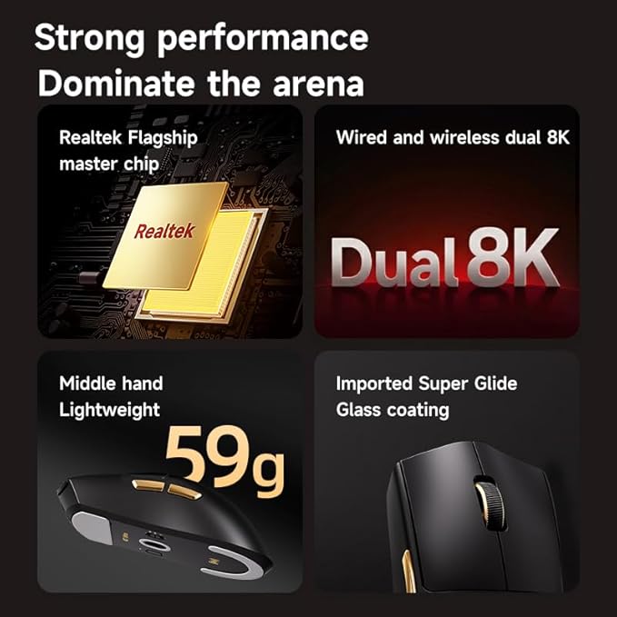 Hyekit MCHOSE K7 Ultra Wireless Esports Gaming Mouse with Magnetic Charging Dock, PAW3950 Optical Sensor, Dual 8K Polling, 42K DPI, 59g Lightweight, 5 Programmable Buttons, 130 Hr Battery (Black)