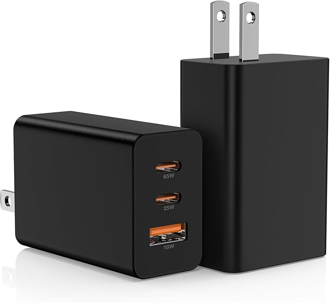 2Pack 65W USB C Wall Charger Block, 3-Port USB C Charging Adapter 100W Type C Super Fast Charging Power Plug Cube for MacBook Pro/Air,i-Pad Pro,i-Phone 17/16/15, Galaxy S25,and More-Black