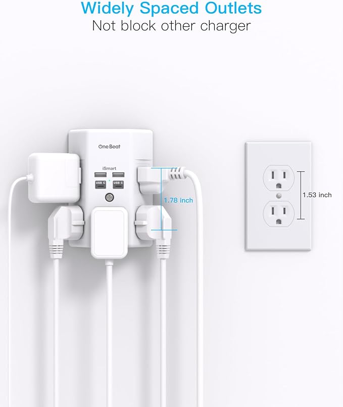 One Beat 1680J 3 Side Power Strip Multi Plug Expander, Surge Protector, 5 Outlets Extender, 4 USB Ports (USB C), Wall Mount Charger, Outlet Splitter Adapter for Home, Travel, Office, ETL Listed, White