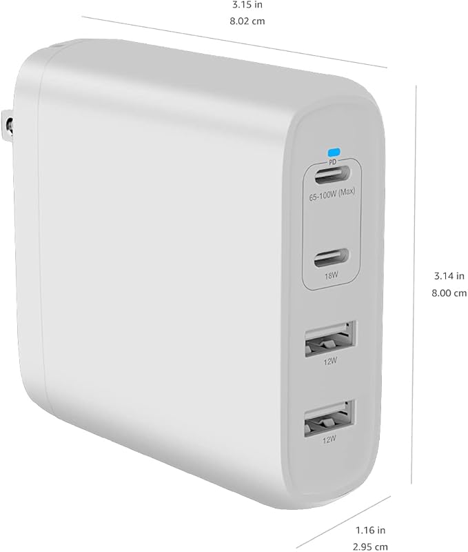Amazon Basics 100W Four-Port GaN Wall Charger with 2 USB-C (100W, 18W) & 2 USB-A Ports (12W), PD 3.0, Foldable Plug, Portable Multi-Device Charging for Laptops, Tablets & Phones, White